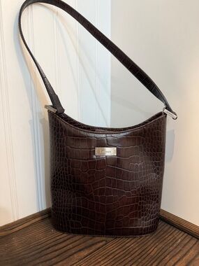 Lauren Ralph Lauren Dark Brown Croc-Embossed Shoulder Hobo